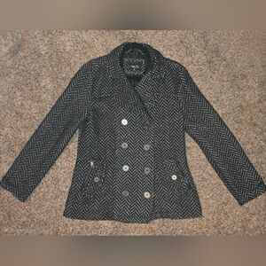 Rue21 Womens XL Black Herringbone Tweed Double-Breasted Pea Coat (Vintage 2000s)